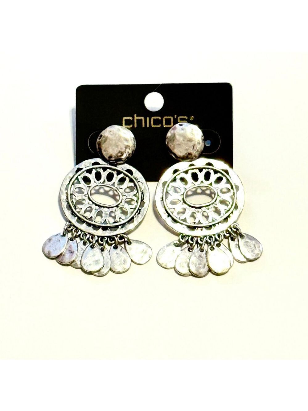 Chico's Silver Filigree Fringe Statement Earrings NWT - Picture 7 of 8